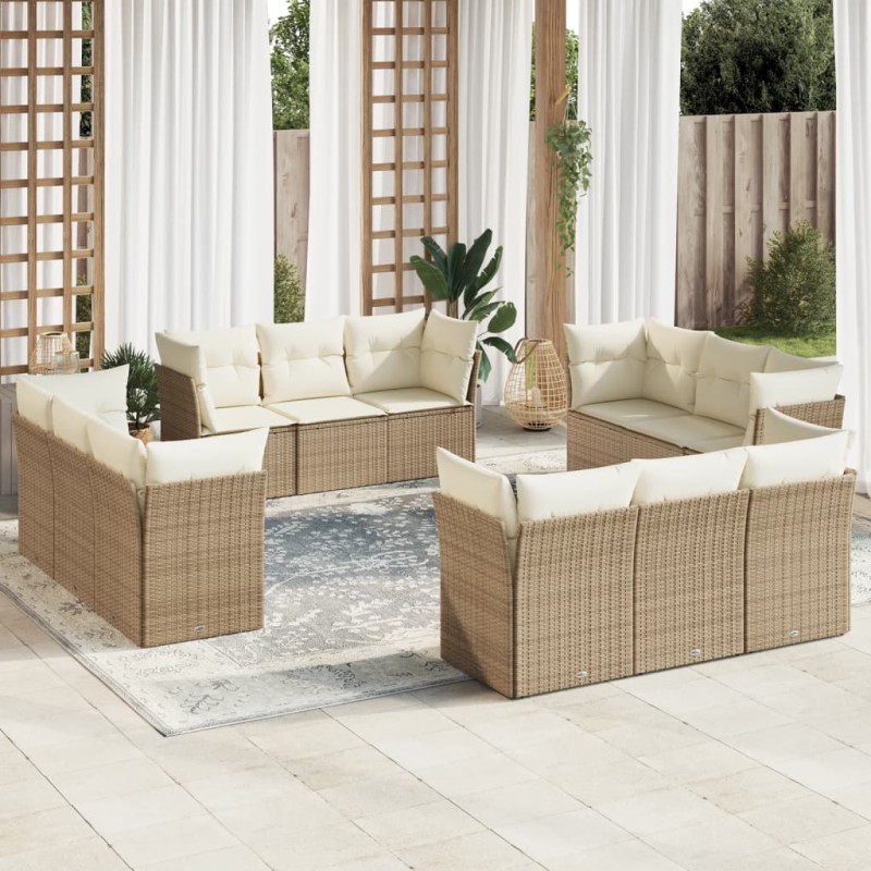 12-tlg. Garten-Sofagarnitur mit Kissen Beige Poly Rattan