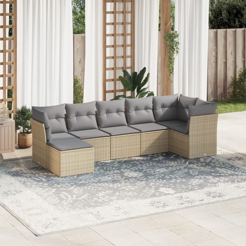 7-tlg. Garten-Sofagarnitur mit Kissen Beige Poly Rattan