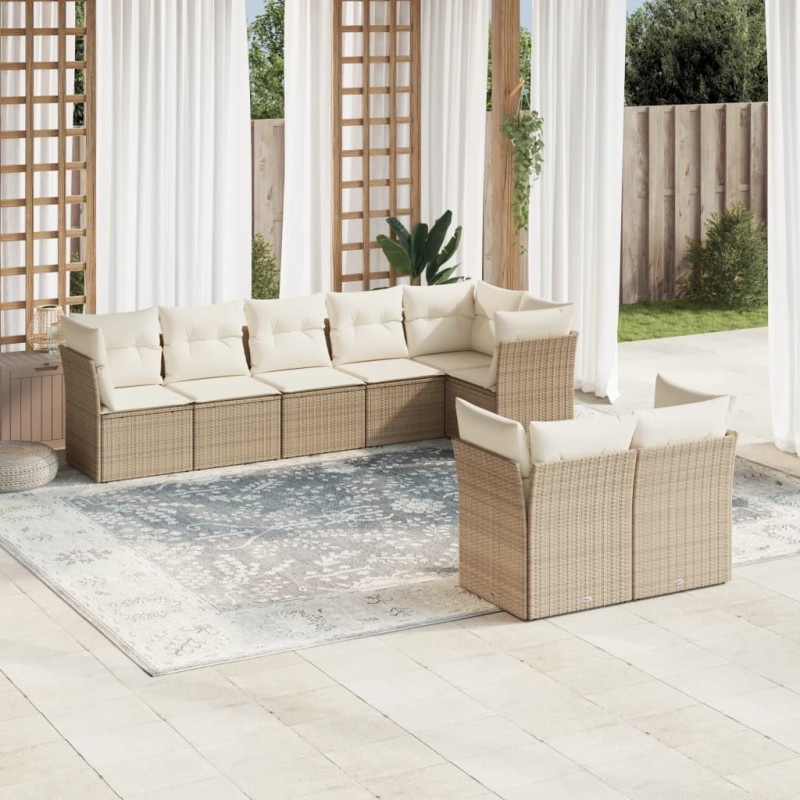 8-tlg. Garten-Sofagarnitur mit Kissen Beige Poly Rattan