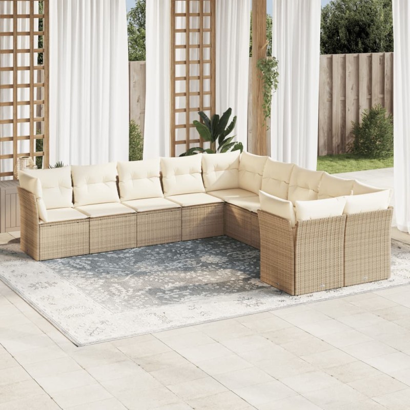 10-tlg. Garten-Sofagarnitur mit Kissen Beige Poly Rattan