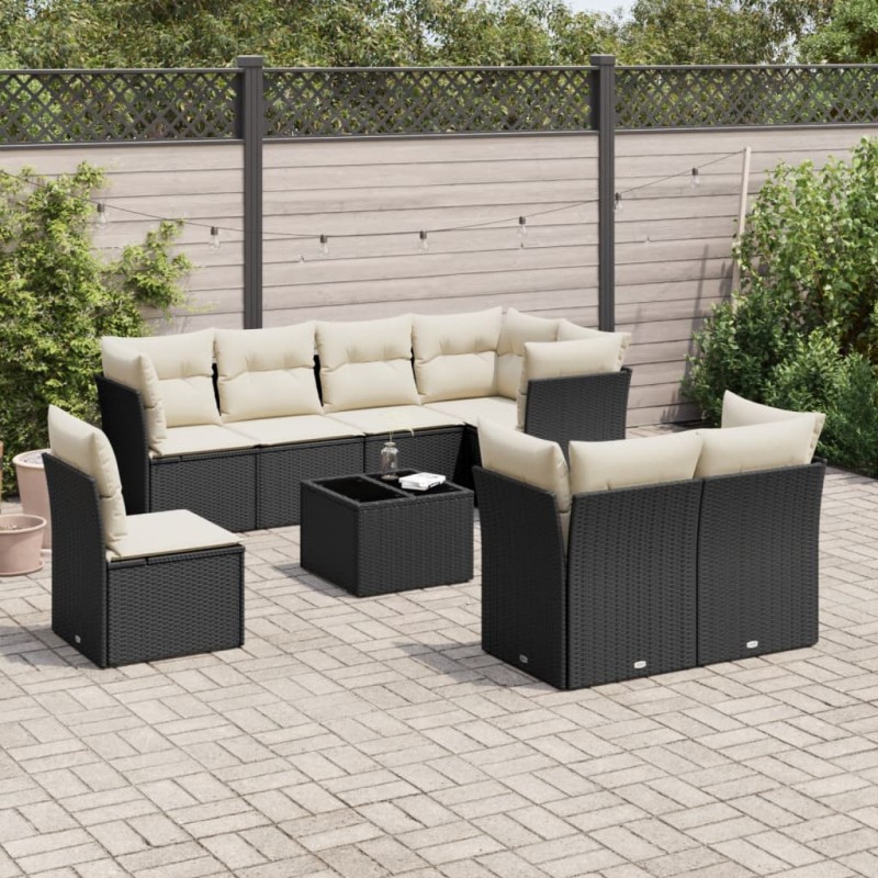 9-tlg. Garten-Sofagarnitur mit Kissen Schwarz Poly Rattan