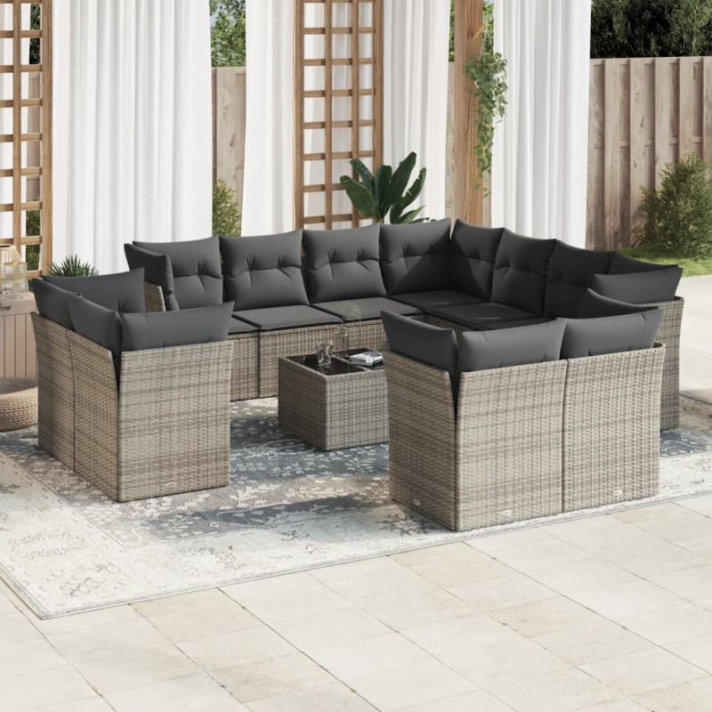 12-tlg. Garten-Sofagarnitur mit Kissen Grau Poly Rattan