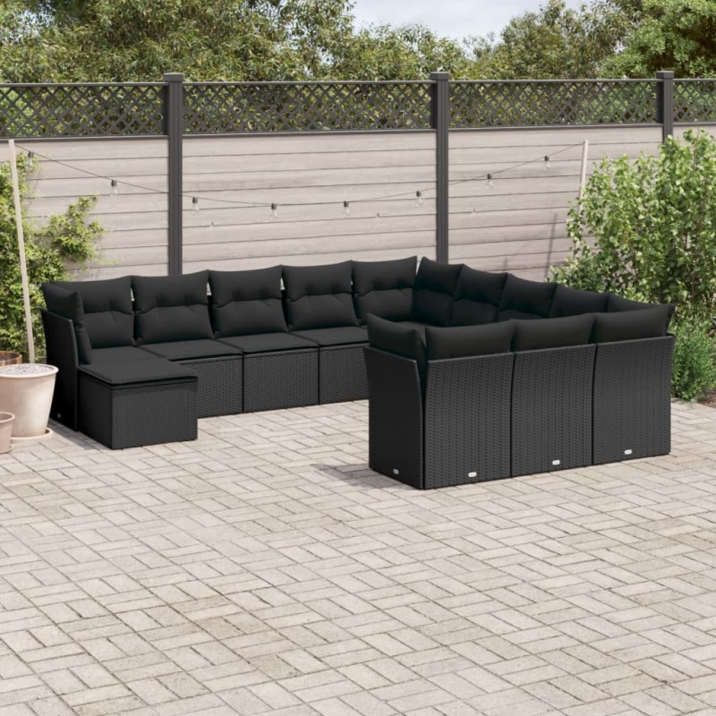 12-tlg. Garten-Sofagarnitur mit Kissen Schwarz Poly Rattan