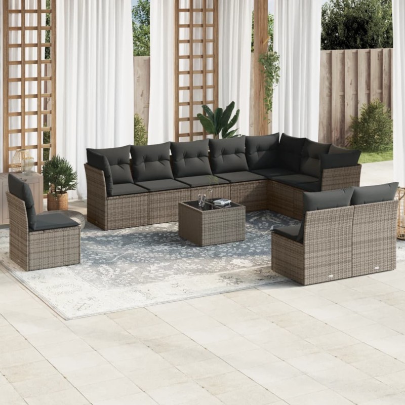 11-tlg. Garten-Sofagarnitur mit Kissen Grau Poly Rattan