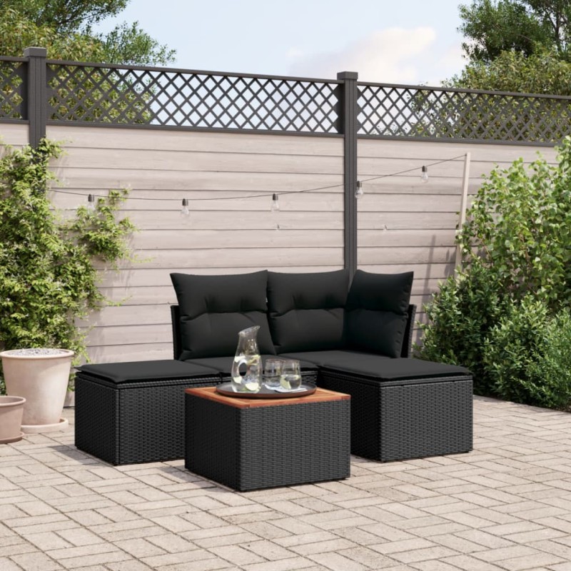 5-tlg. Garten-Sofagarnitur mit Kissen Schwarz Poly Rattan