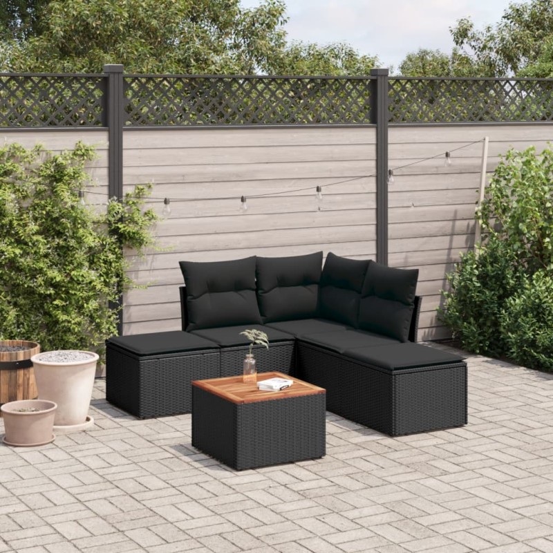 6-tlg. Garten-Sofagarnitur mit Kissen Schwarz Poly Rattan