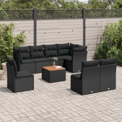 9-tlg. Garten-Sofagarnitur mit Kissen Schwarz Poly Rattan