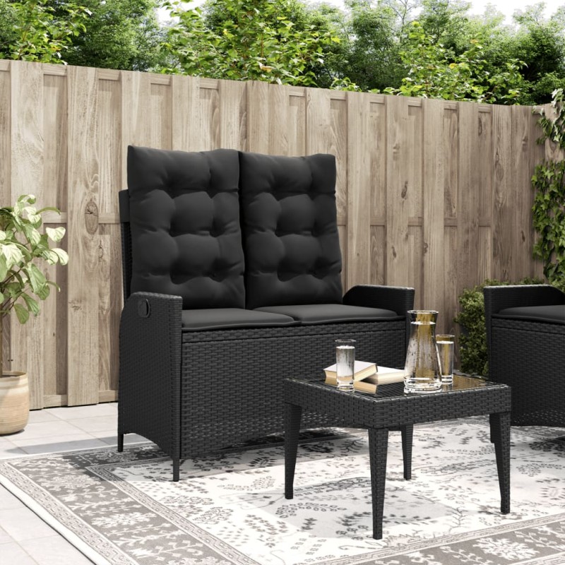 Gartenbank Verstellbar mit Kissen Schwarz Poly Rattan