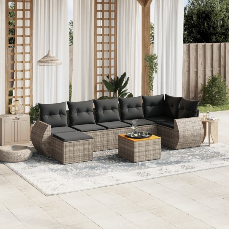 8-tlg. Garten-Sofagarnitur mit Kissen Grau Poly Rattan