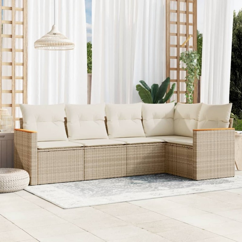 5-tlg. Garten-Sofagarnitur mit Kissen Beige Poly Rattan