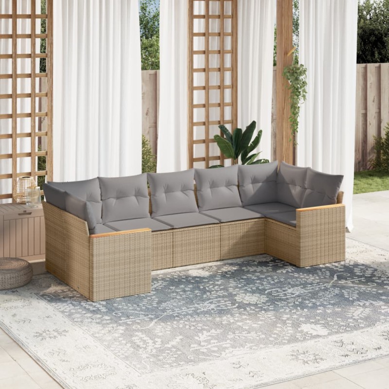 7-tlg. Garten-Sofagarnitur mit Kissen Beige Poly Rattan