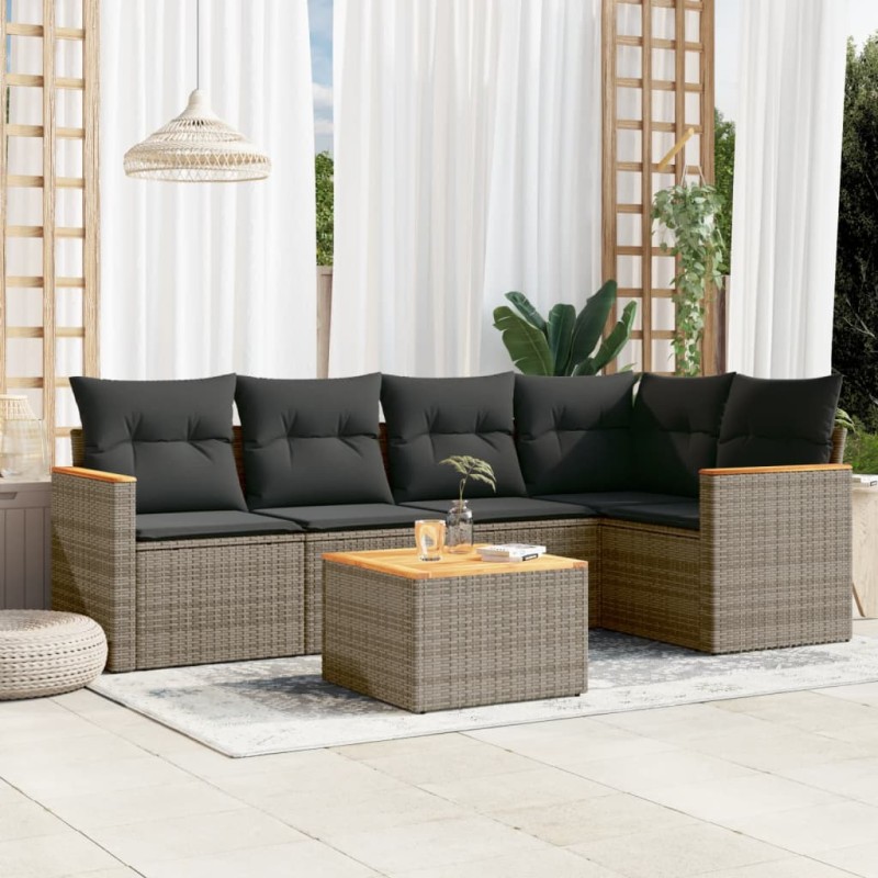 6-tlg. Garten-Sofagarnitur mit Kissen Grau Poly Rattan