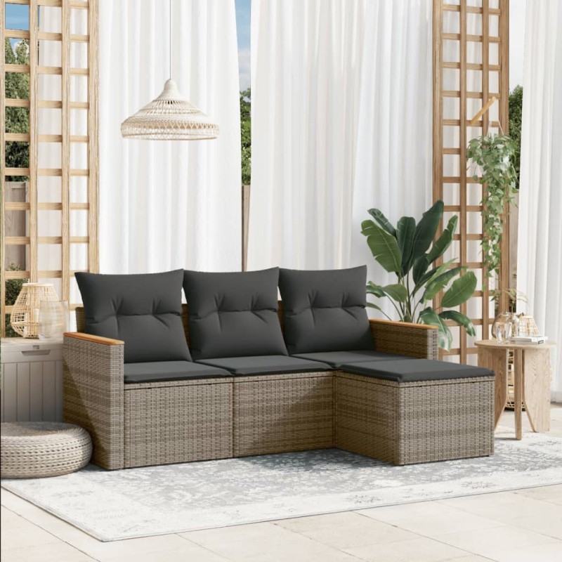 4-tlg. Garten-Sofagarnitur mit Kissen Grau Poly Rattan