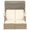 Doppel-Sonnenliege mit Dach und Auflagen Beige Poly Rattan