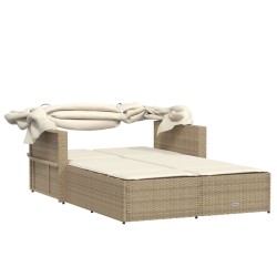 Doppel-Sonnenliege mit Dach und Auflagen Beige Poly Rattan