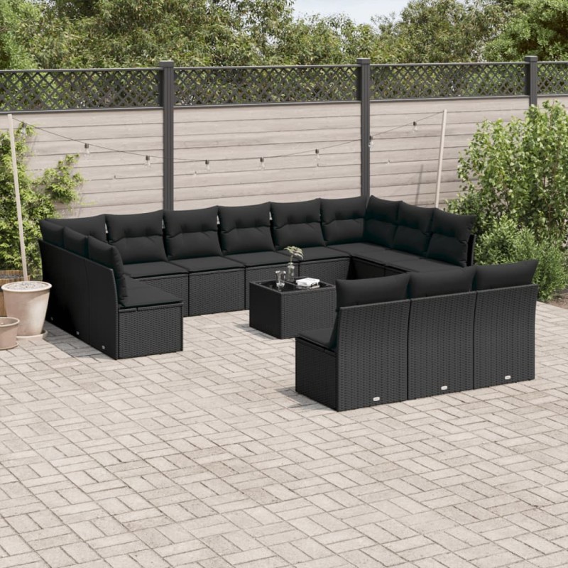 14-tlg. Garten-Sofagarnitur mit Kissen Schwarz Poly Rattan