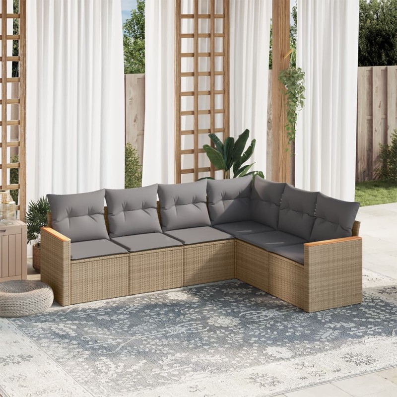 6-tlg. Garten-Sofagarnitur mit Kissen Beige Poly Rattan