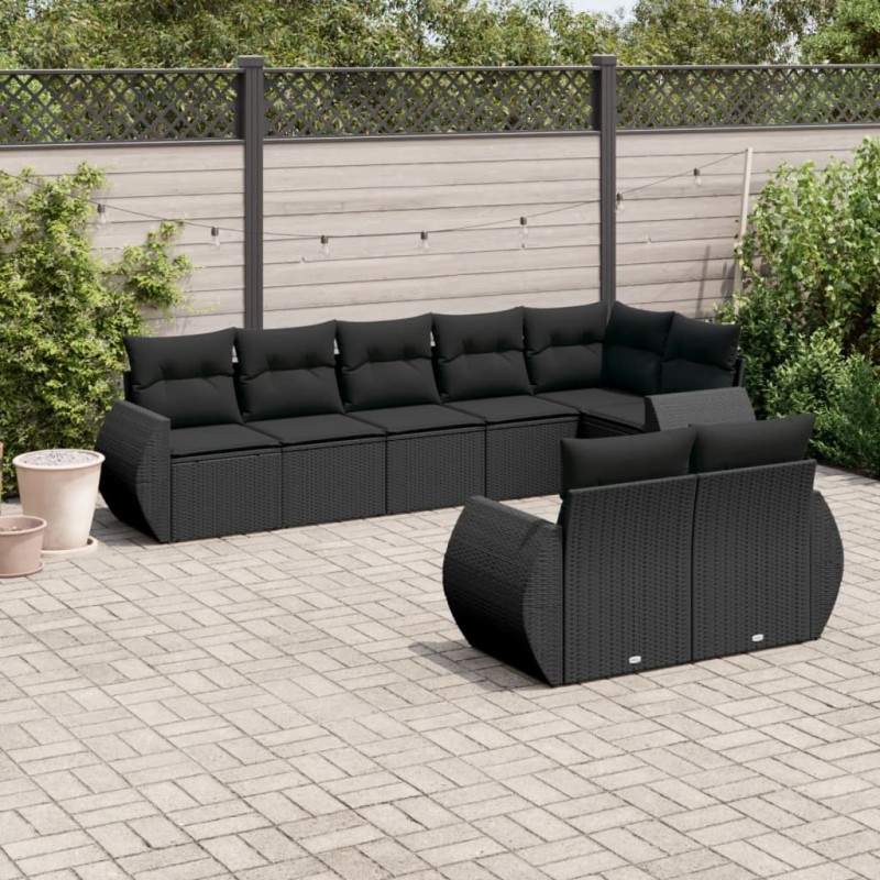 8-tlg. Garten-Sofagarnitur mit Kissen Schwarz Poly Rattan