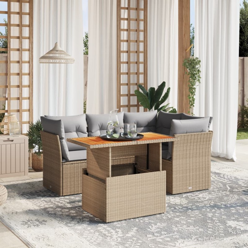 5-tlg. Garten-Sofagarnitur mit Kissen Beige Poly Rattan