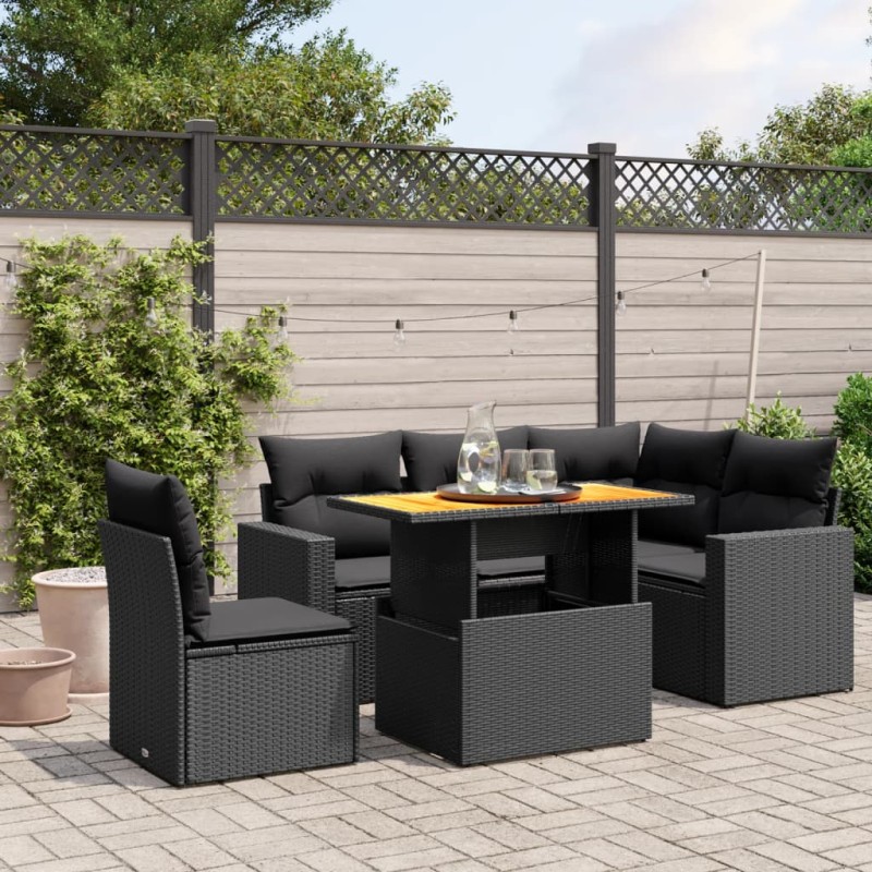 6-tlg. Garten-Sofagarnitur mit Kissen Schwarz Poly Rattan