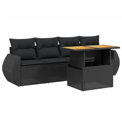 5-tlg. Garten-Sofagarnitur mit Kissen Schwarz Poly Rattan