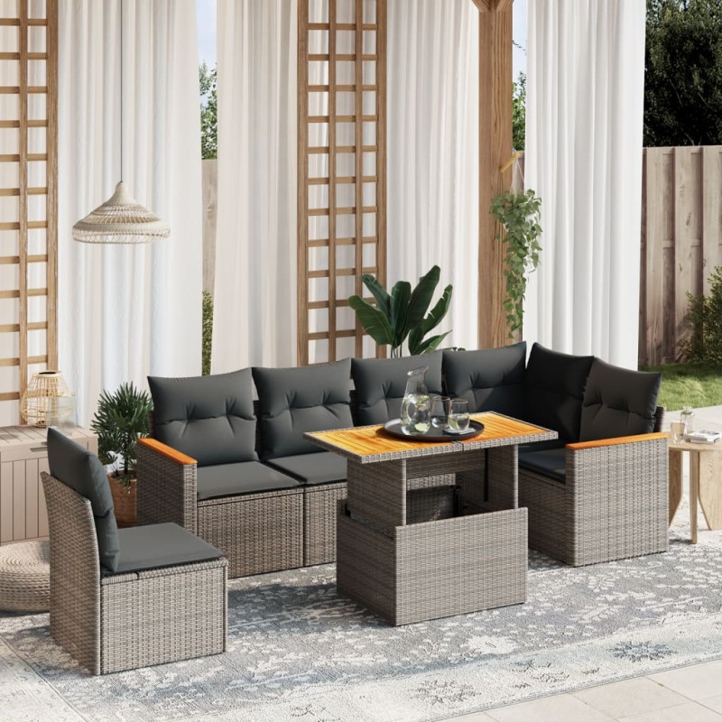 7-tlg. Garten-Sofagarnitur mit Kissen Grau Poly Rattan