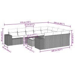 11-tlg. Garten-Sofagarnitur mit Kissen Schwarz Poly Rattan