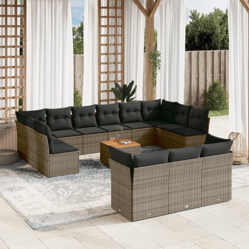 14-tlg. Garten-Sofagarnitur mit Kissen Grau Poly Rattan