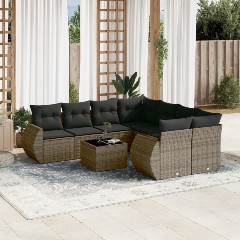 9-tlg. Garten-Sofagarnitur mit Kissen Grau Poly Rattan