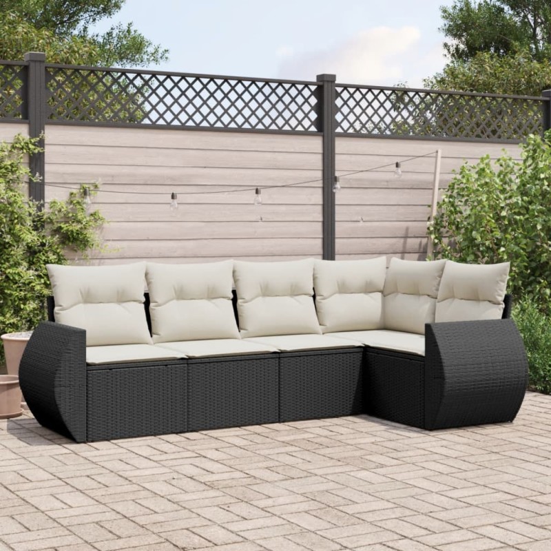 5-tlg. Garten-Sofagarnitur mit Kissen Schwarz Poly Rattan