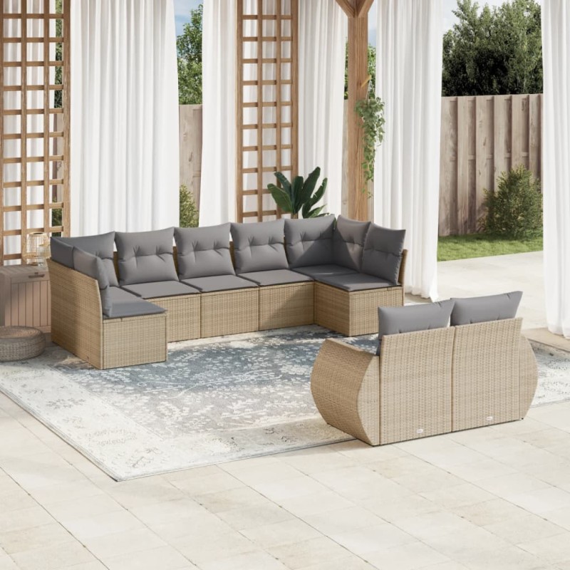 9-tlg. Garten-Sofagarnitur mit Kissen Beige Poly Rattan