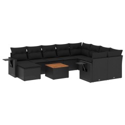 11-tlg. Garten-Sofagarnitur mit Kissen Schwarz Poly Rattan