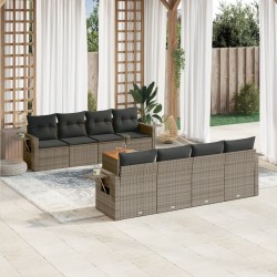 9-tlg. Garten-Sofagarnitur mit Kissen Grau Poly Rattan