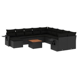 12-tlg. Garten-Sofagarnitur mit Kissen Schwarz Poly Rattan