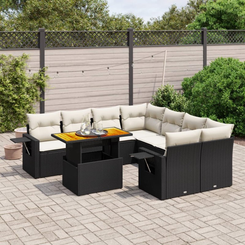 9-tlg. Garten-Sofagarnitur mit Kissen Schwarz Poly Rattan