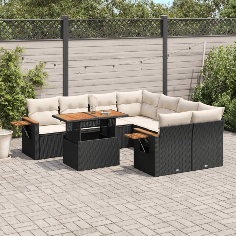 9-tlg. Garten-Sofagarnitur mit Kissen Schwarz Poly Rattan