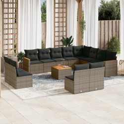 13-tlg. Garten-Sofagarnitur mit Kissen Grau Poly Rattan