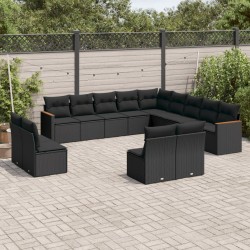 13-tlg. Garten-Sofagarnitur mit Kissen Schwarz Poly Rattan