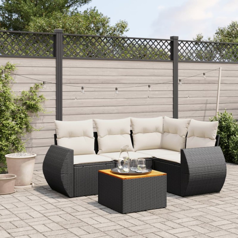 5-tlg. Garten-Sofagarnitur mit Kissen Schwarz Poly Rattan