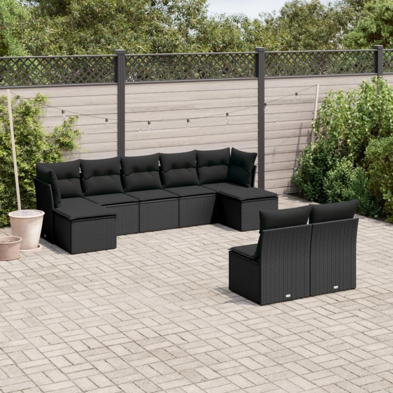 9-tlg. Garten-Sofagarnitur mit Kissen Schwarz Poly Rattan