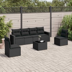 7-tlg. Garten-Sofagarnitur mit Kissen Schwarz Poly Rattan