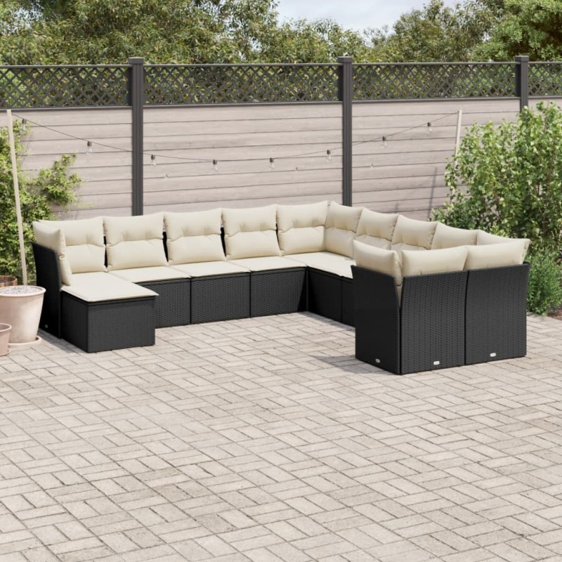 11-tlg. Garten-Sofagarnitur mit Kissen Schwarz Poly Rattan