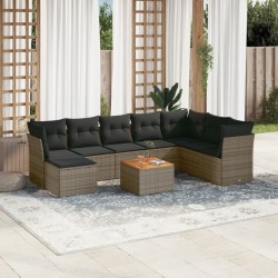 9-tlg. Garten-Sofagarnitur mit Kissen Grau Poly Rattan