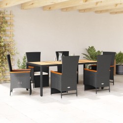 7-tlg. Garten-Essgruppe mit Kissen Schwarz Poly Rattan