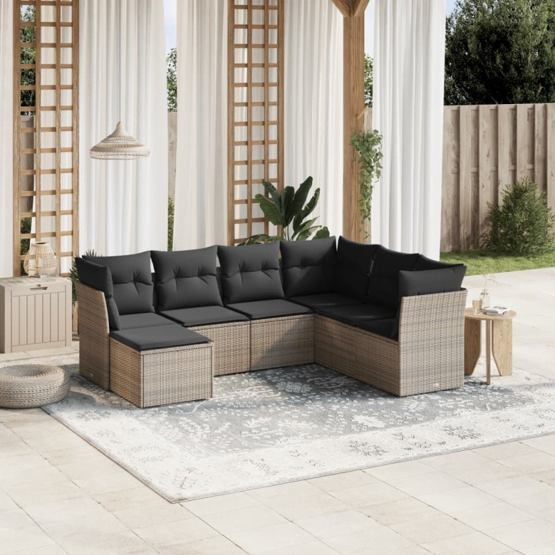 7-tlg. Garten-Sofagarnitur mit Kissen Grau Poly Rattan