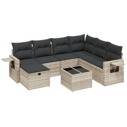 8-tlg. Garten-Sofagarnitur mit Kissen Hellgrau Poly Rattan