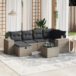 7-tlg. Garten-Sofagarnitur mit Kissen Grau Poly Rattan