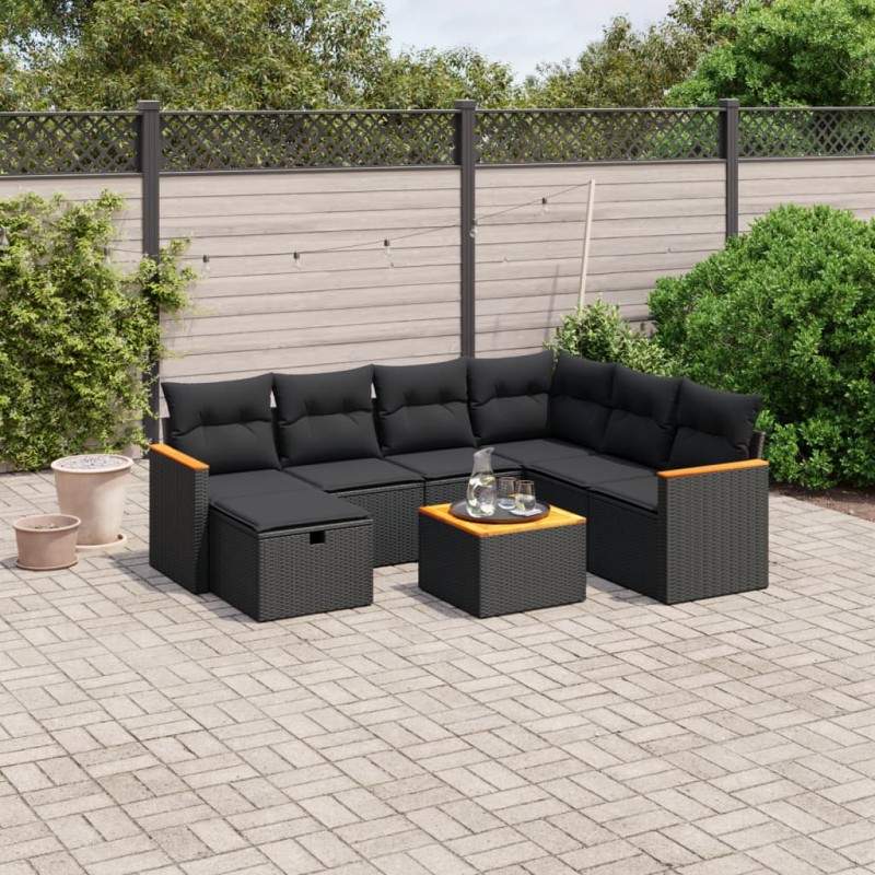 8-tlg. Garten-Sofagarnitur mit Kissen Schwarz Poly Rattan