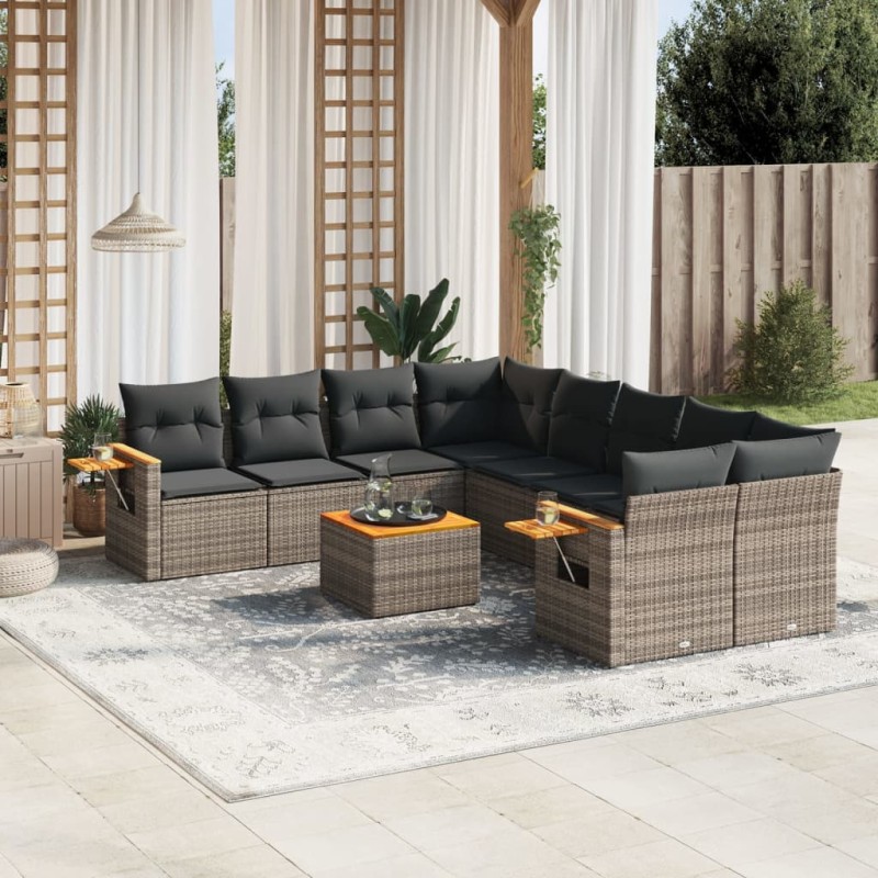 9-tlg. Garten-Sofagarnitur mit Kissen Grau Poly Rattan