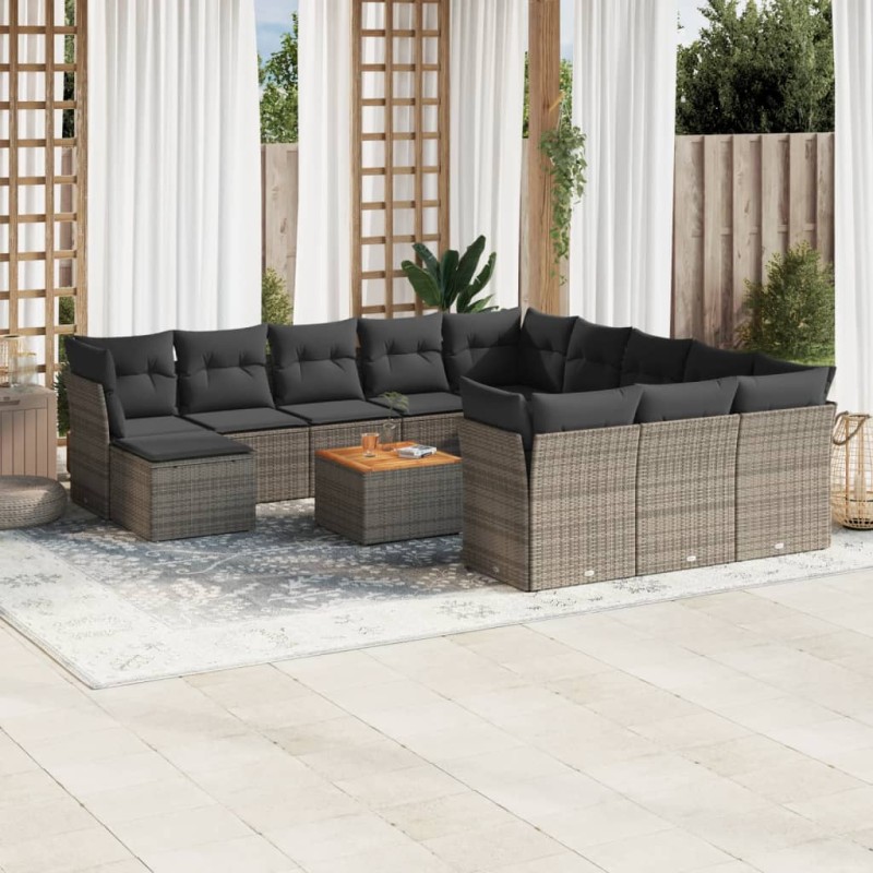 13-tlg. Garten-Sofagarnitur mit Kissen Grau Poly Rattan